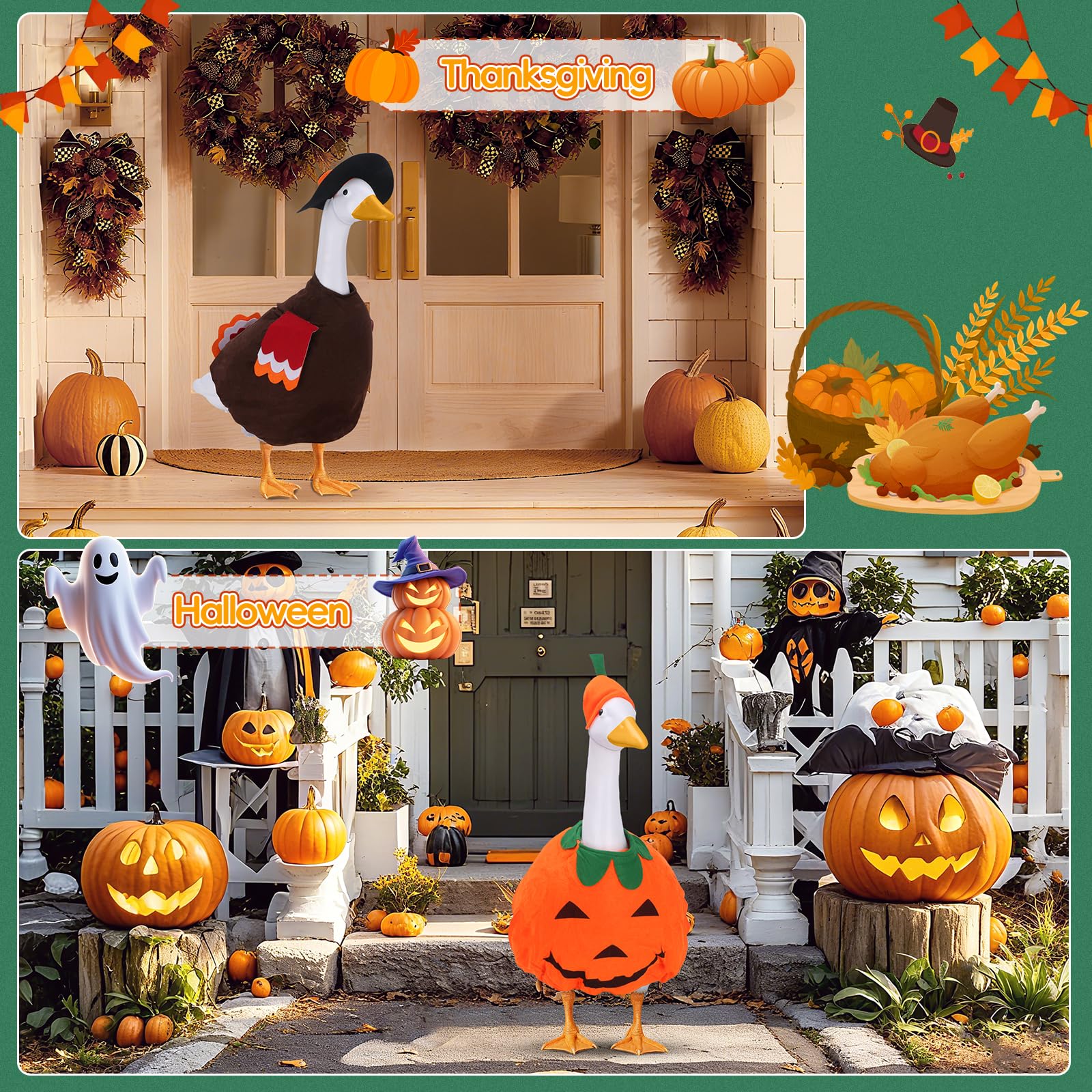 Ddeetodu goose outfits on lawn add playful seasonal charm to yards.