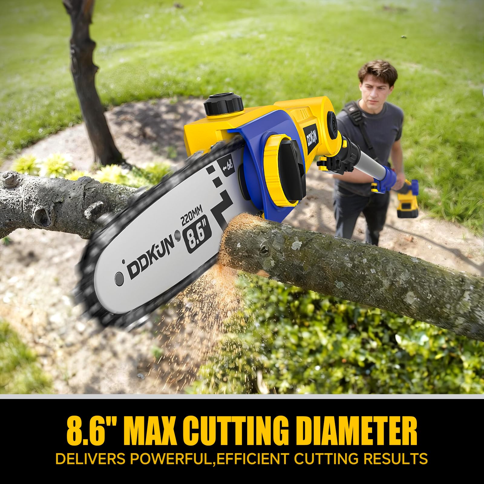 DDKUN 8.6-inch steel chain cutting through a branch with efficiency.