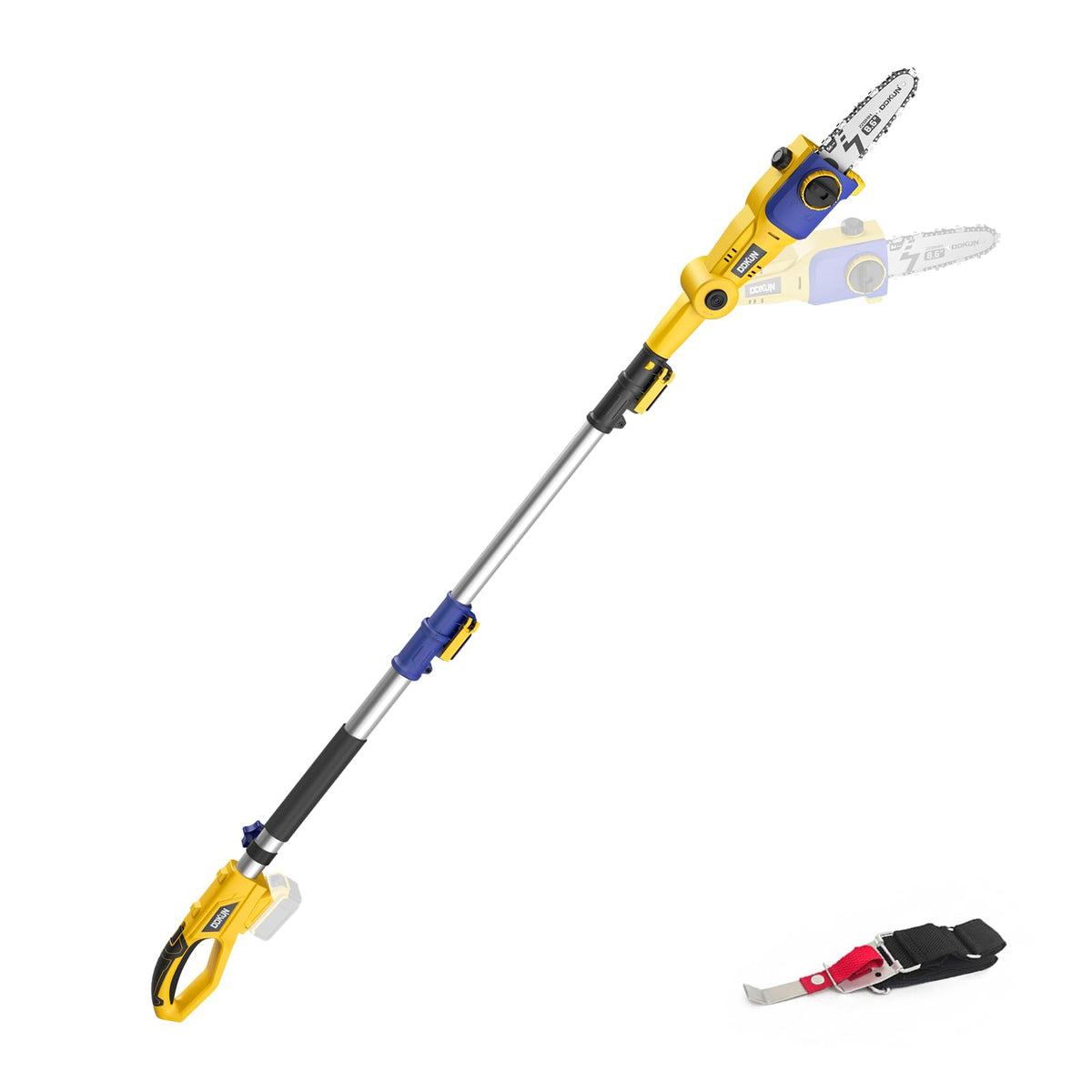 DDKUN cordless pole saw showing DeWalt 20V MAX battery compatibility for flexible power.