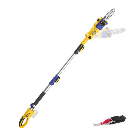 DDKUN cordless pole saw showing DeWalt 20V MAX battery compatibility for flexible power.