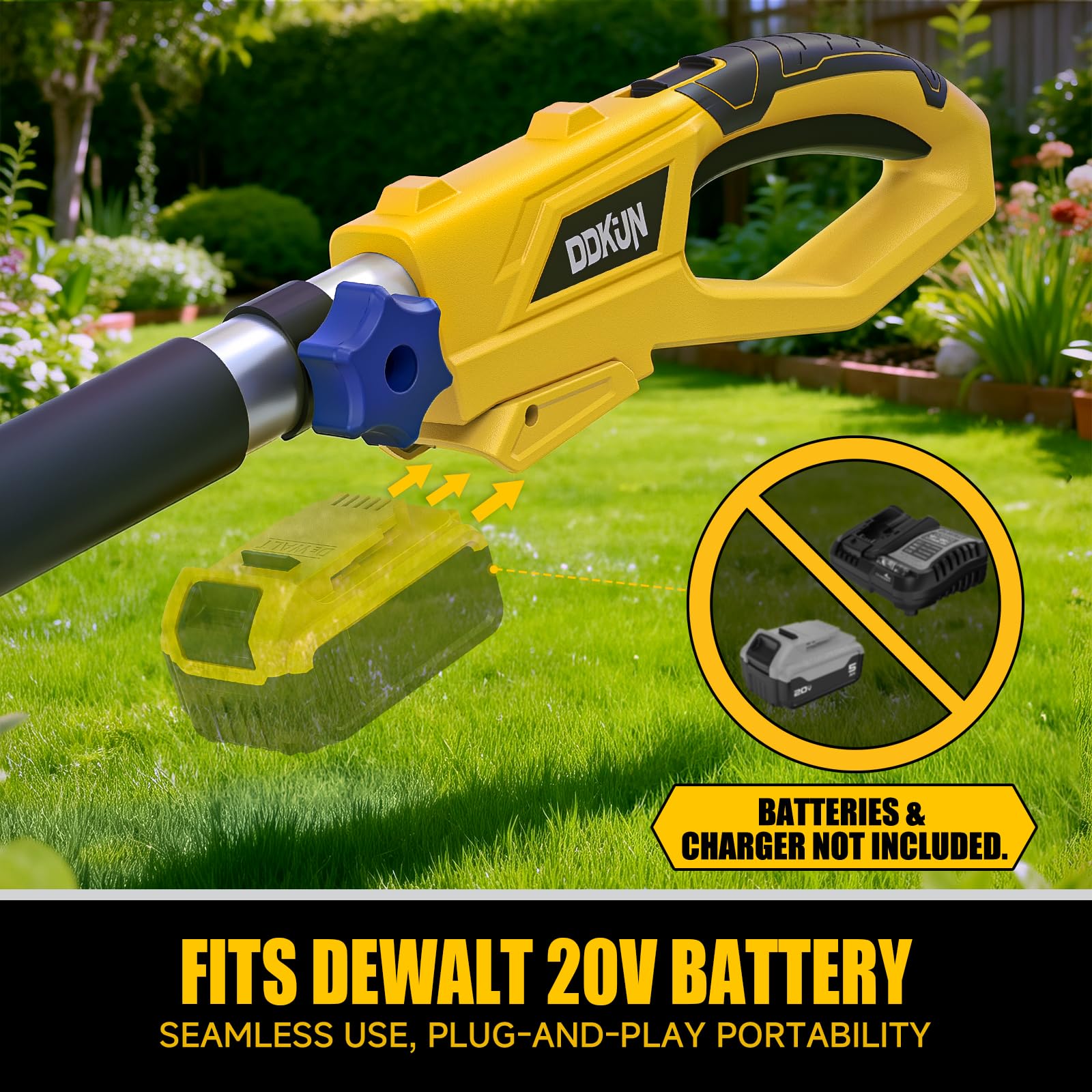 DDKUN cordless operation enabling overhead branch trimming with no cords or gas.