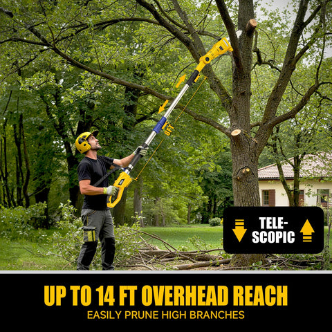DDKUN telescoping pole extended to deliver up to 14 ft overhead reach for high branches.