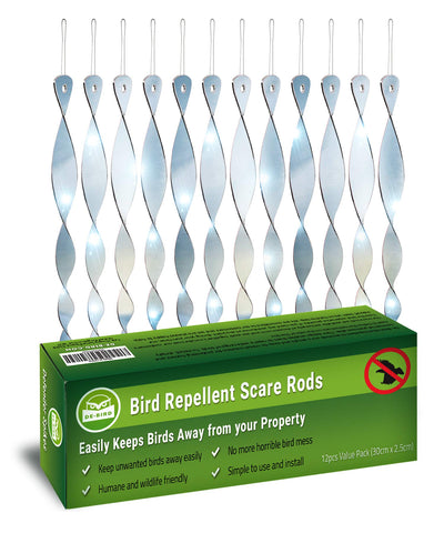De-Bird acrylic bird scare rods pack of 12 in silver deter birds with reflective glare.