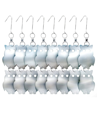 De-Bird acrylic reflective owl decoy shines in sunlight to deter birds from patios.