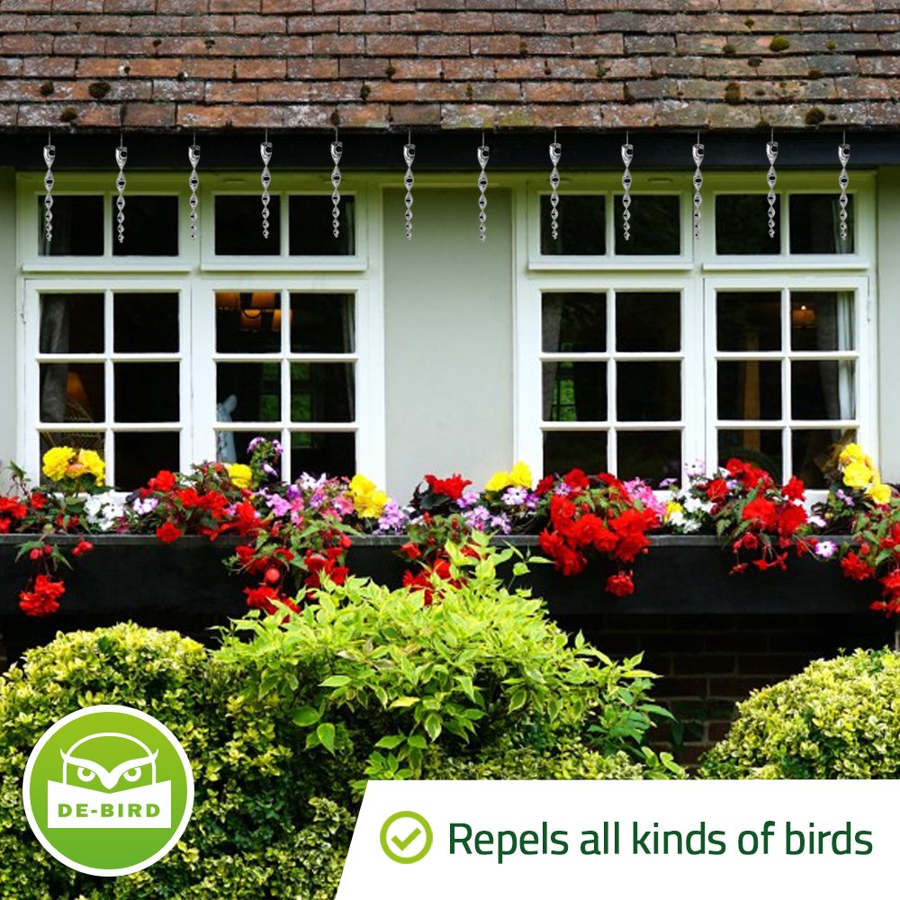 De-Bird reflective silver rods in garden create visual deterrence for birds.