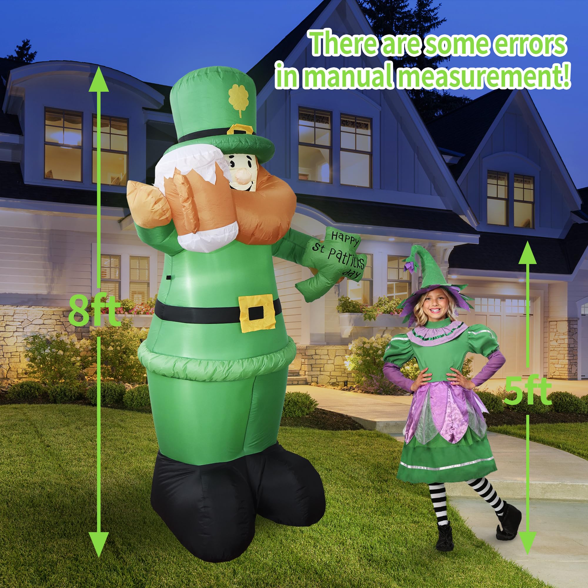 DearSun leprechaun holding beer mug enhances yard celebrations at dusk.