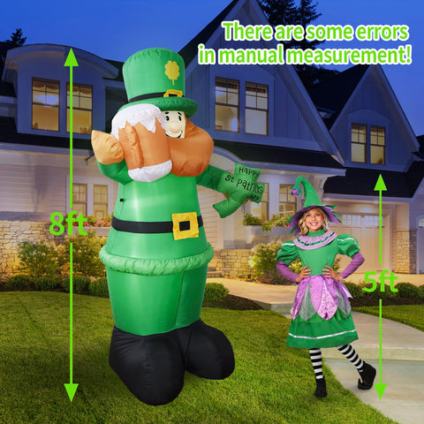 DearSun leprechaun holding beer mug enhances yard celebrations at dusk.
