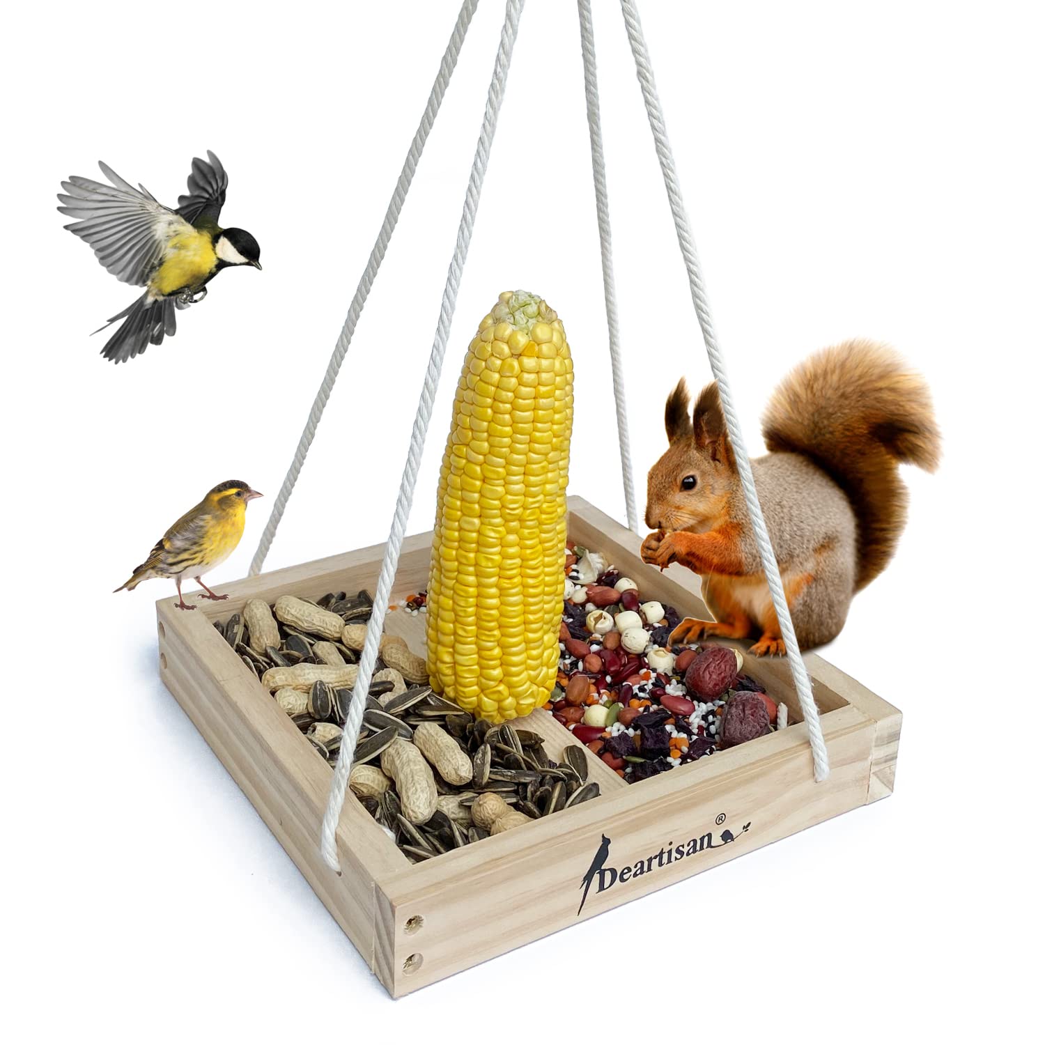 Deartisan Platform Squirrel & Bird Feeders with durable cotton rope design for outdoor use.