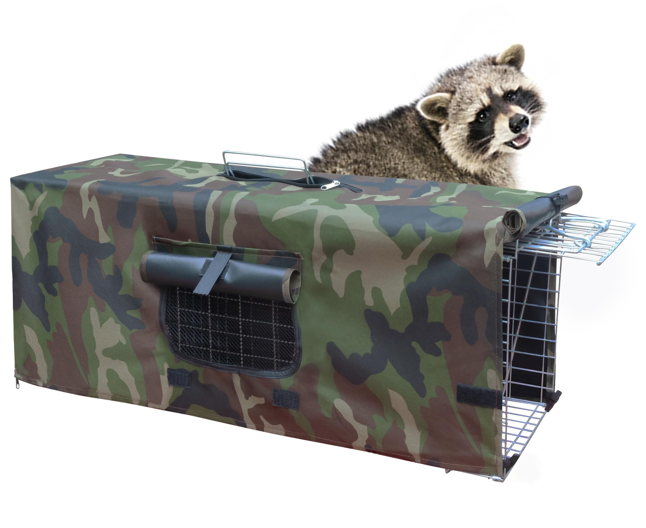 Deblue live feral cat trap cage with cover provides privacy for captured animals.