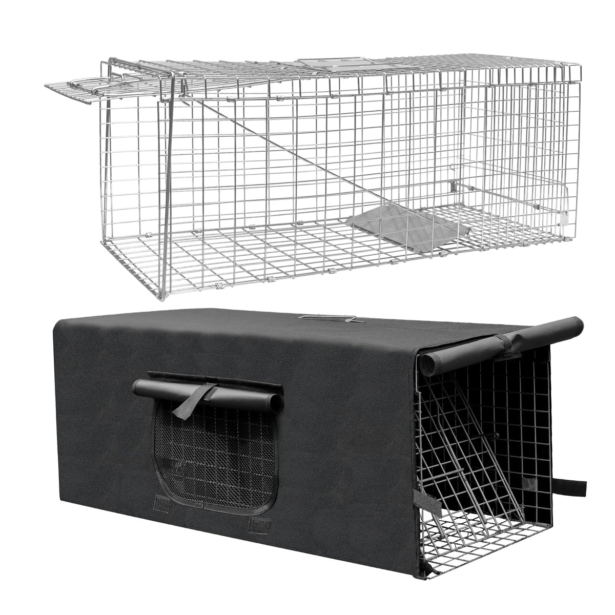 Deblue live trap cover 32x10x12 showing discreet, humane cat trap ready for field use