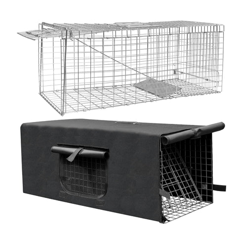 Deblue live trap cover 32x10x12 showing discreet, humane cat trap ready for field use