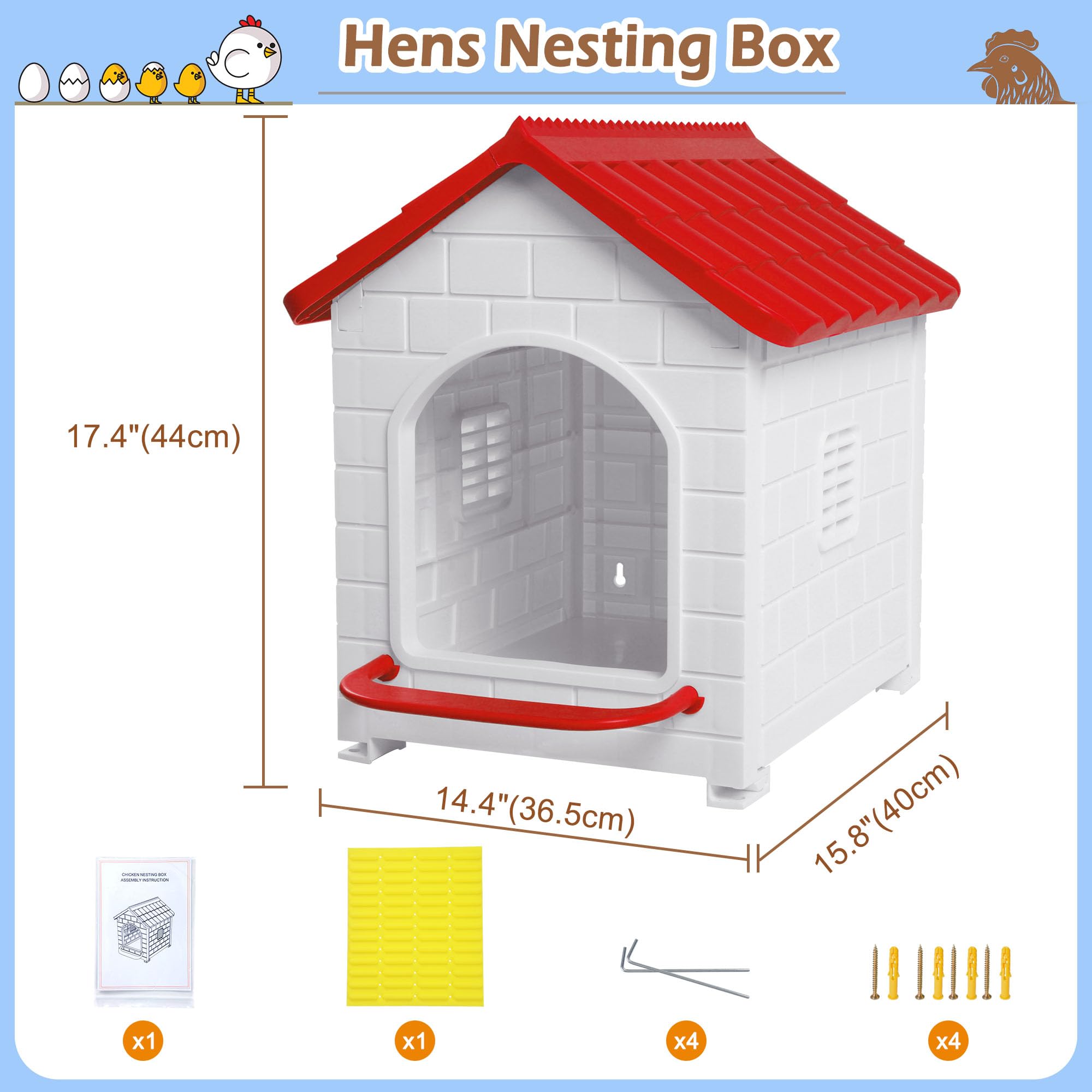 Deblue nesting box dimensions 14.4 by 15.8 by 17.4 inches for ample space.