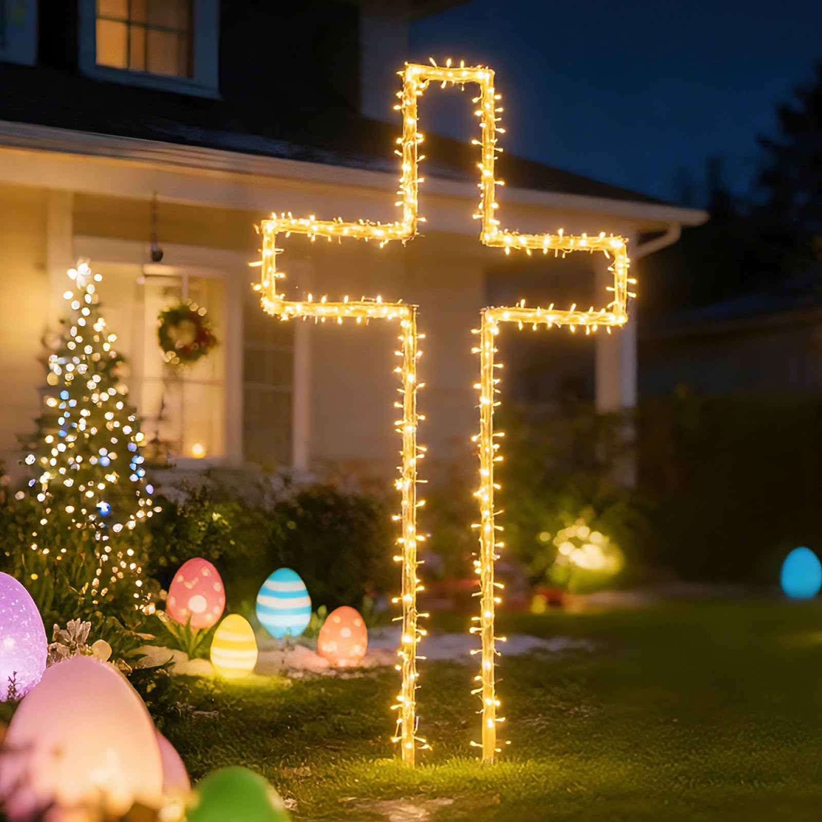 Deborg 6ft white metal Easter cross stands tall for striking outdoor display.