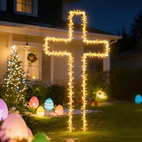 Deborg 6ft white metal Easter cross stands tall for striking outdoor display.