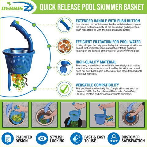 DebrisZ B9 skimmer basket advanced suction captures leaves and debris.