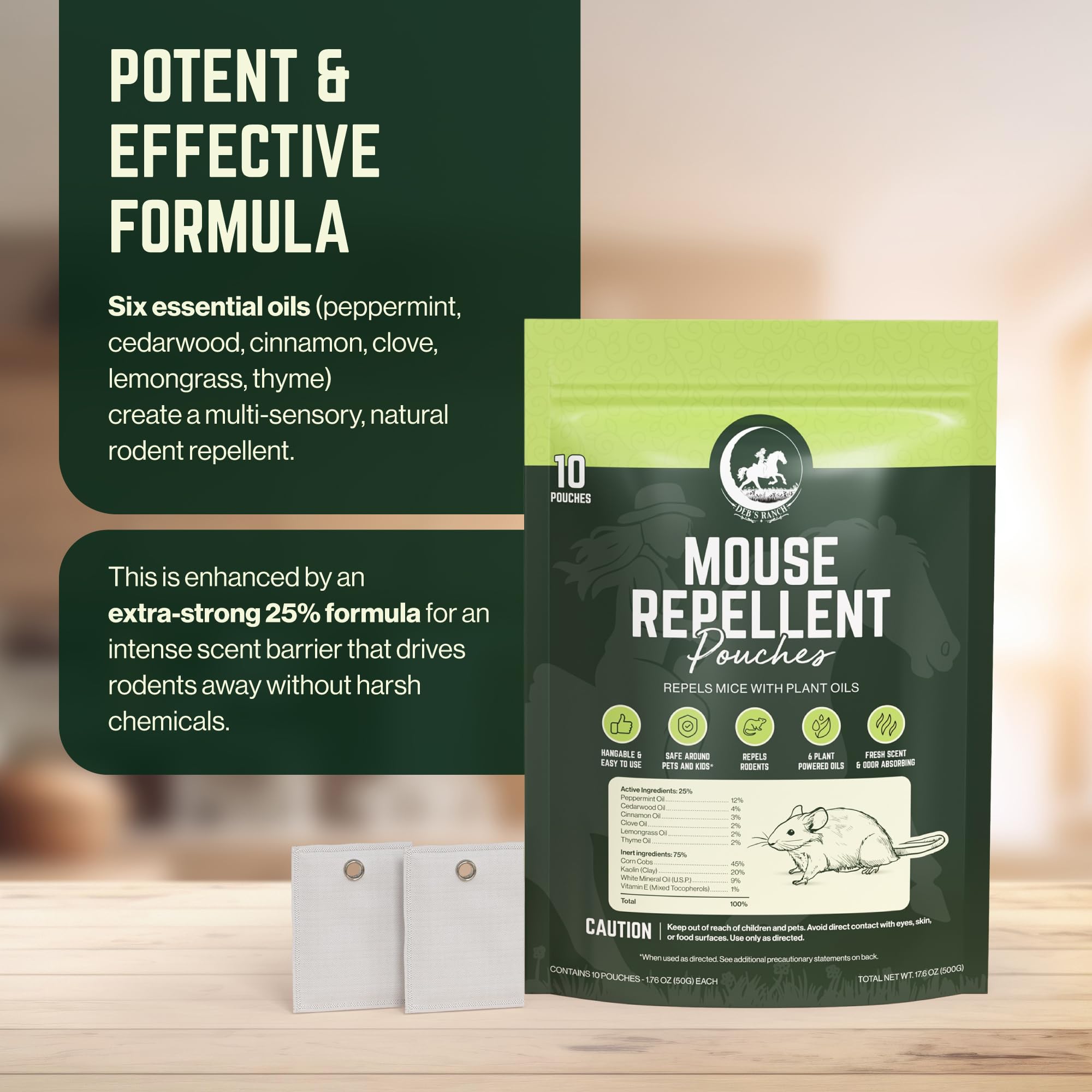 Deb's Ranch 25% essential oil formula pouch deters rodents with botanical scent