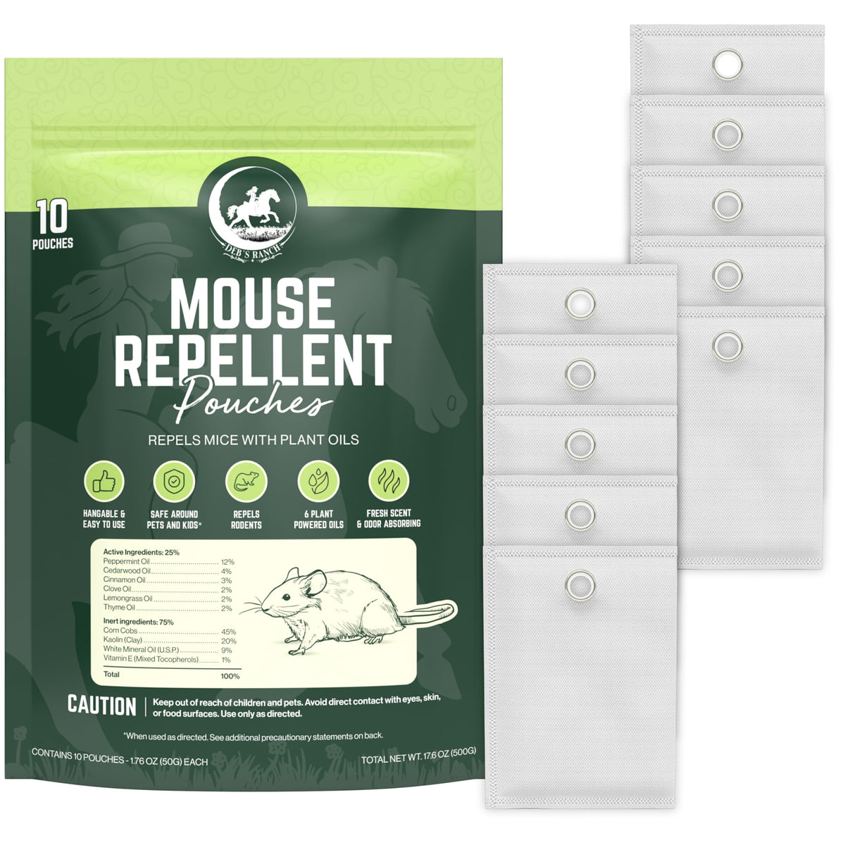 Deb's Ranch cinnamon peppermint pouch hangs in a car to deter mice