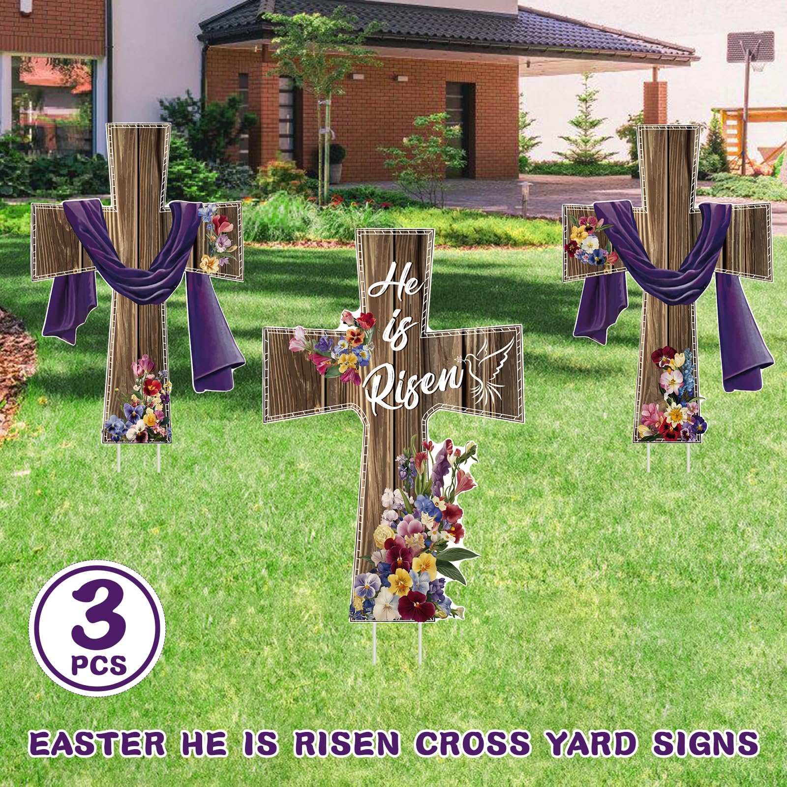 DECEED He Is Risen yard sign featuring cross and blossoms for lawn display