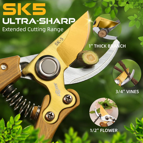 Decerk compound-action pruning shears offer easier cuts on thick stems up to 3/4 inch.