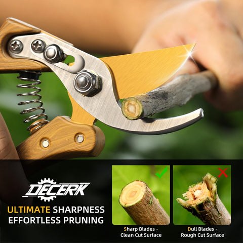 Decerk wood-grain finish handle provides a non-slip grip for comfortable pruning.