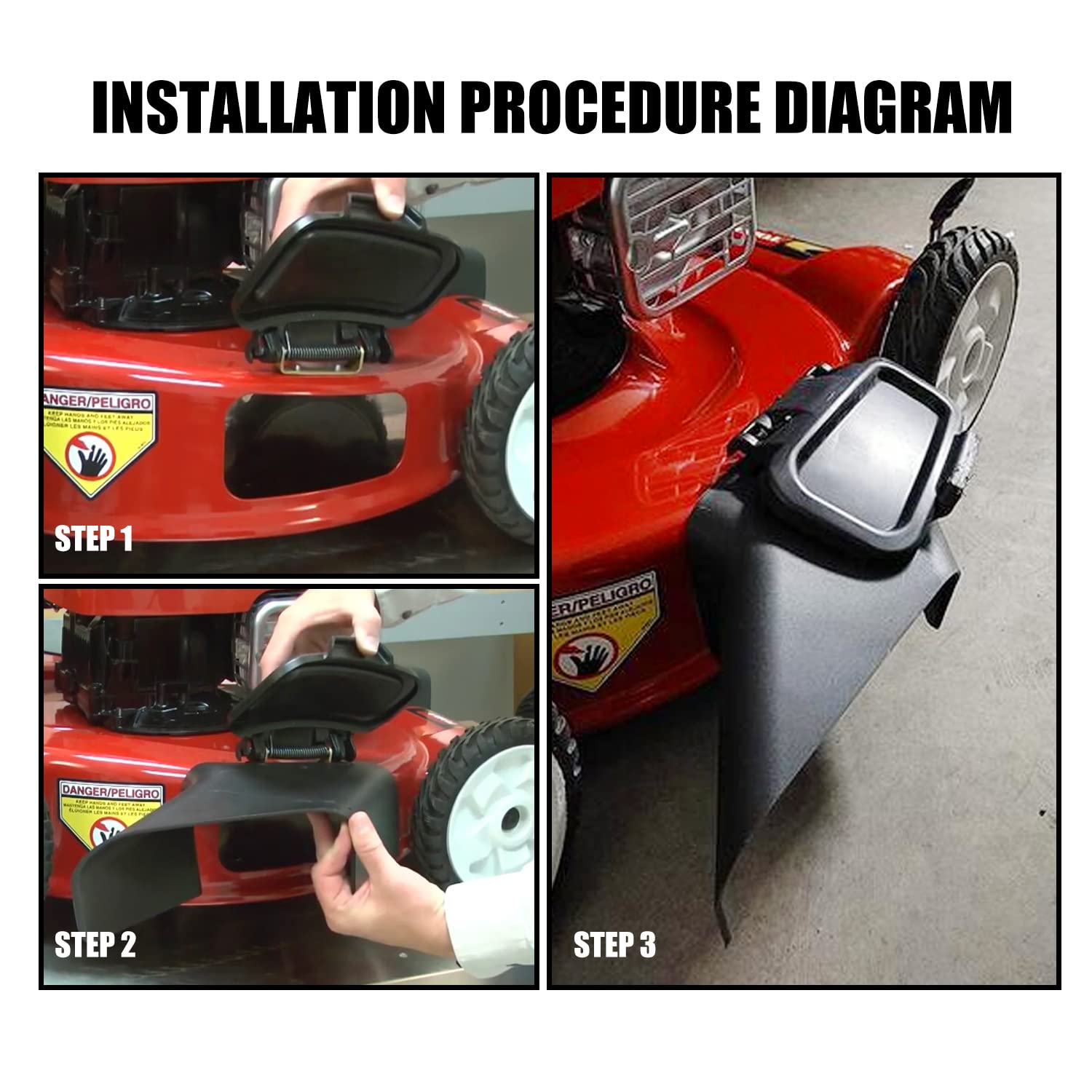 Installation guide visuals for DECKMAN 115-8447 side discharge chute.