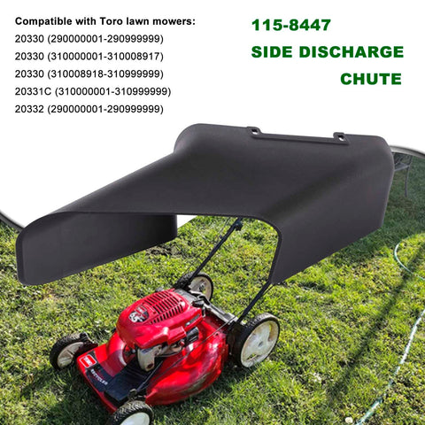 Right-side view of the DECKMAN 115-8447 showing discharge alignment on Toro mower.