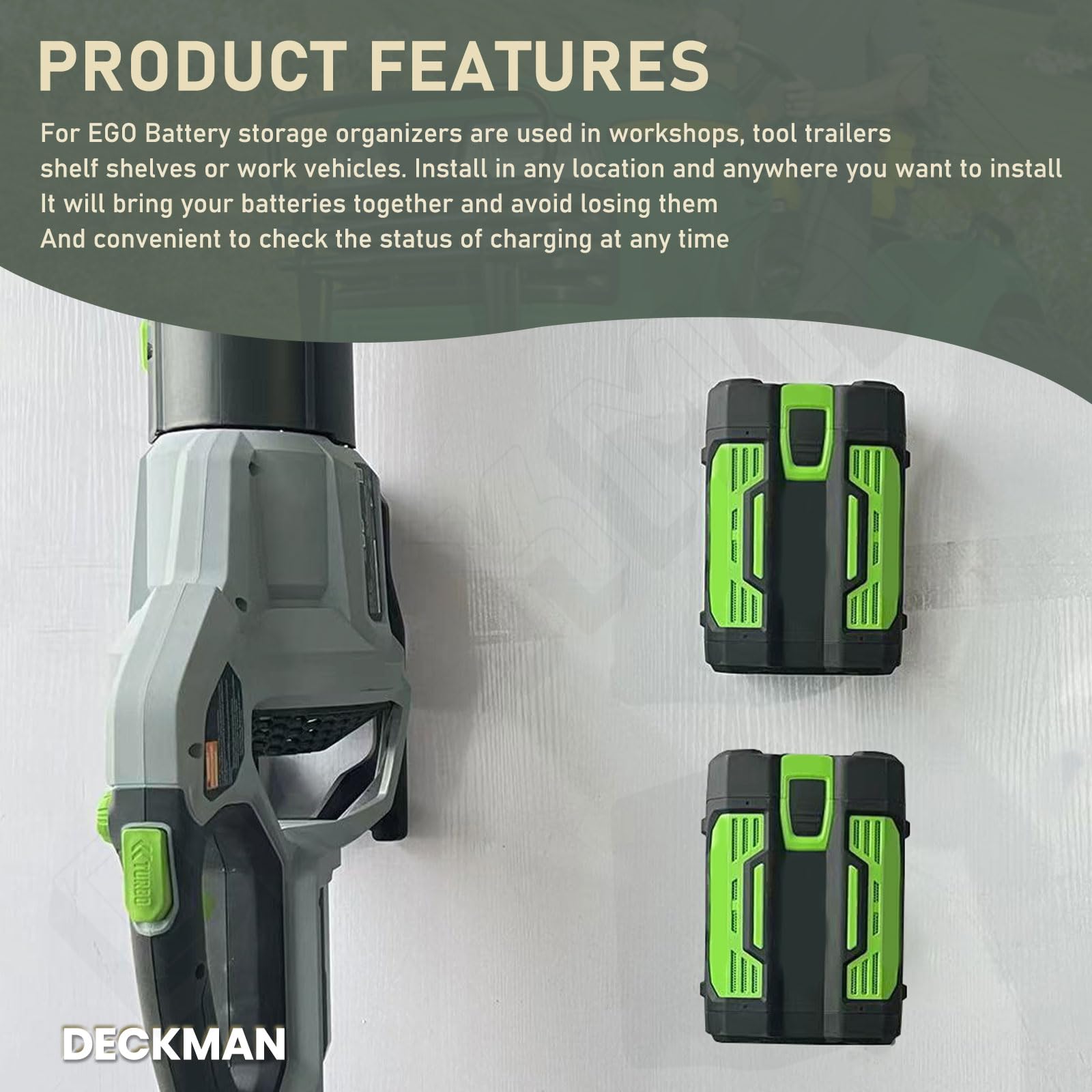 DECKMAN blower wall mount includes mounting screws for quick setup.