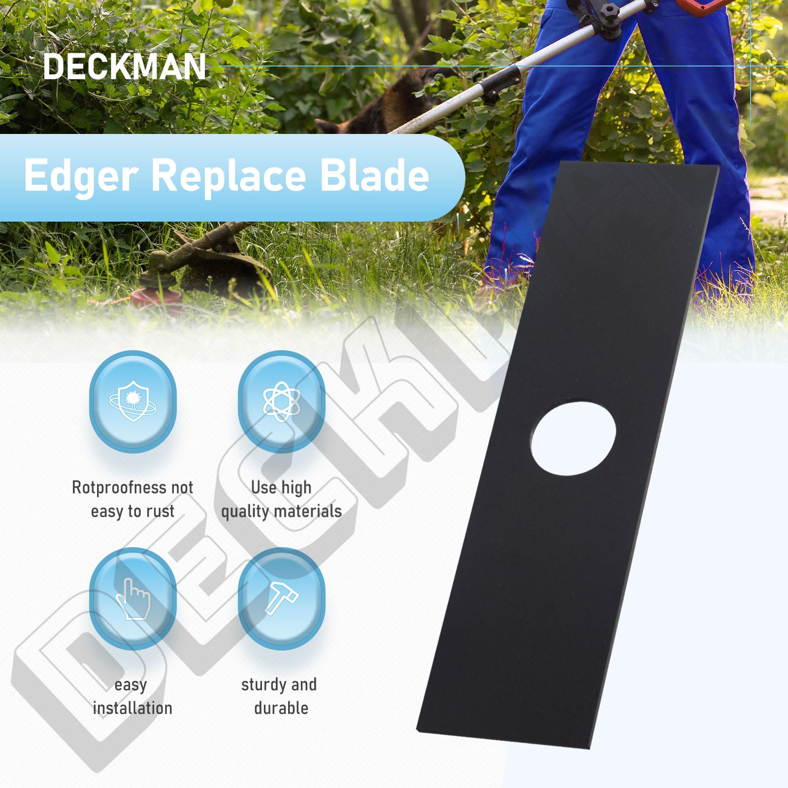 DECKMAN blades tackle dense weeds and shrubs in home landscaping.