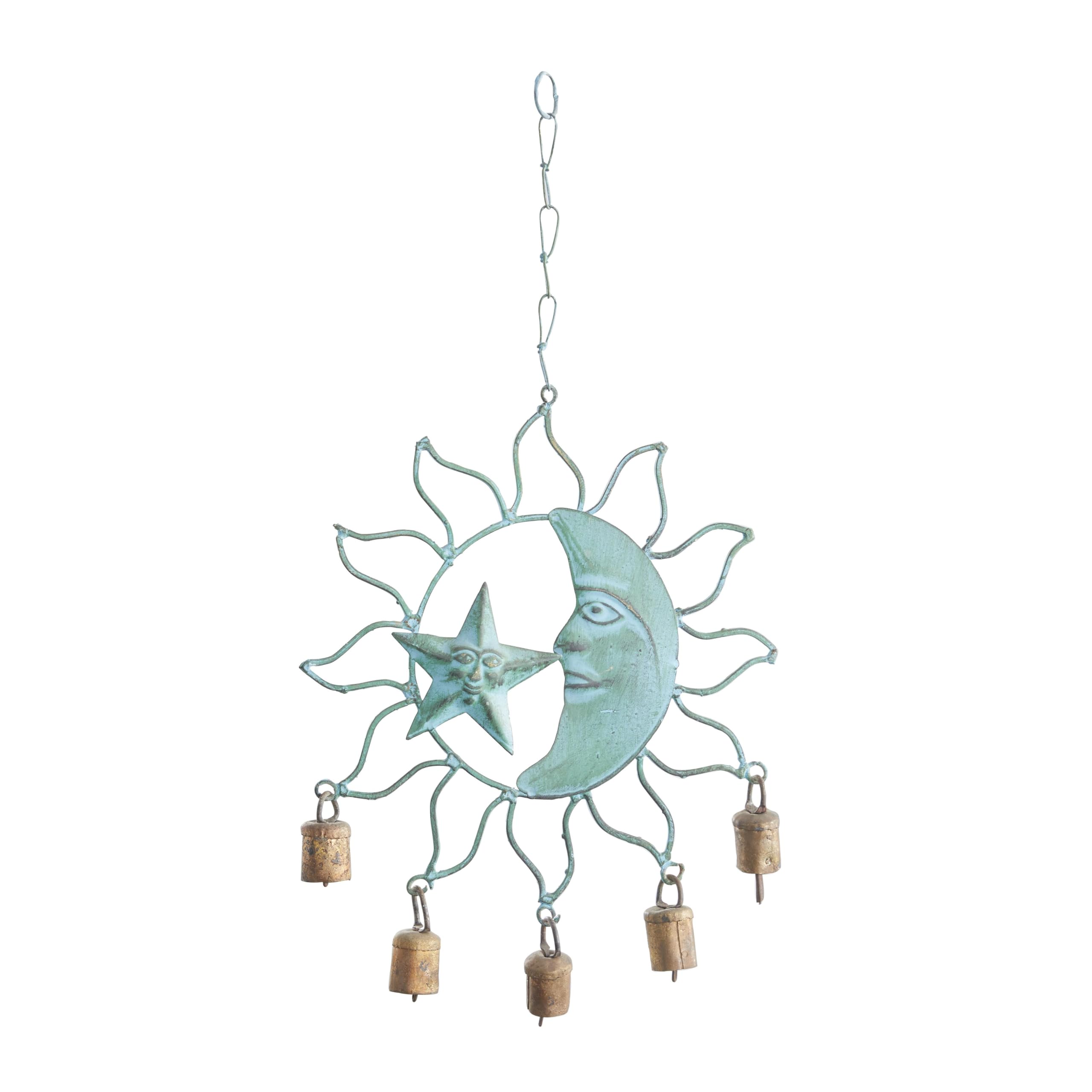 Deco 79 sun and moon windchime in teal adds serene outdoor charm.