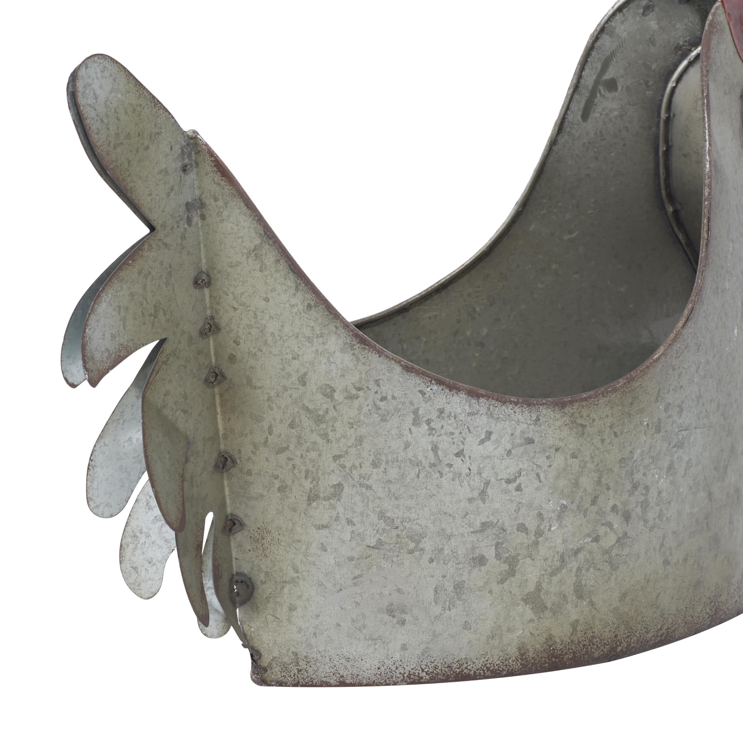 Deco 79 rooster planter angled view, rust-inspired accents for garden decor