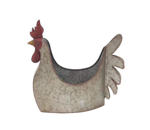 Deco 79 rooster planter front view, gray metal finish ideal for elevating outdoor patios