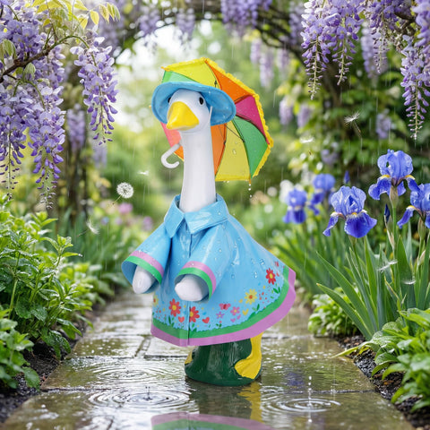 DECOHS 23-inch statue wearing rainwear showcases durable, reusable outdoor decor.