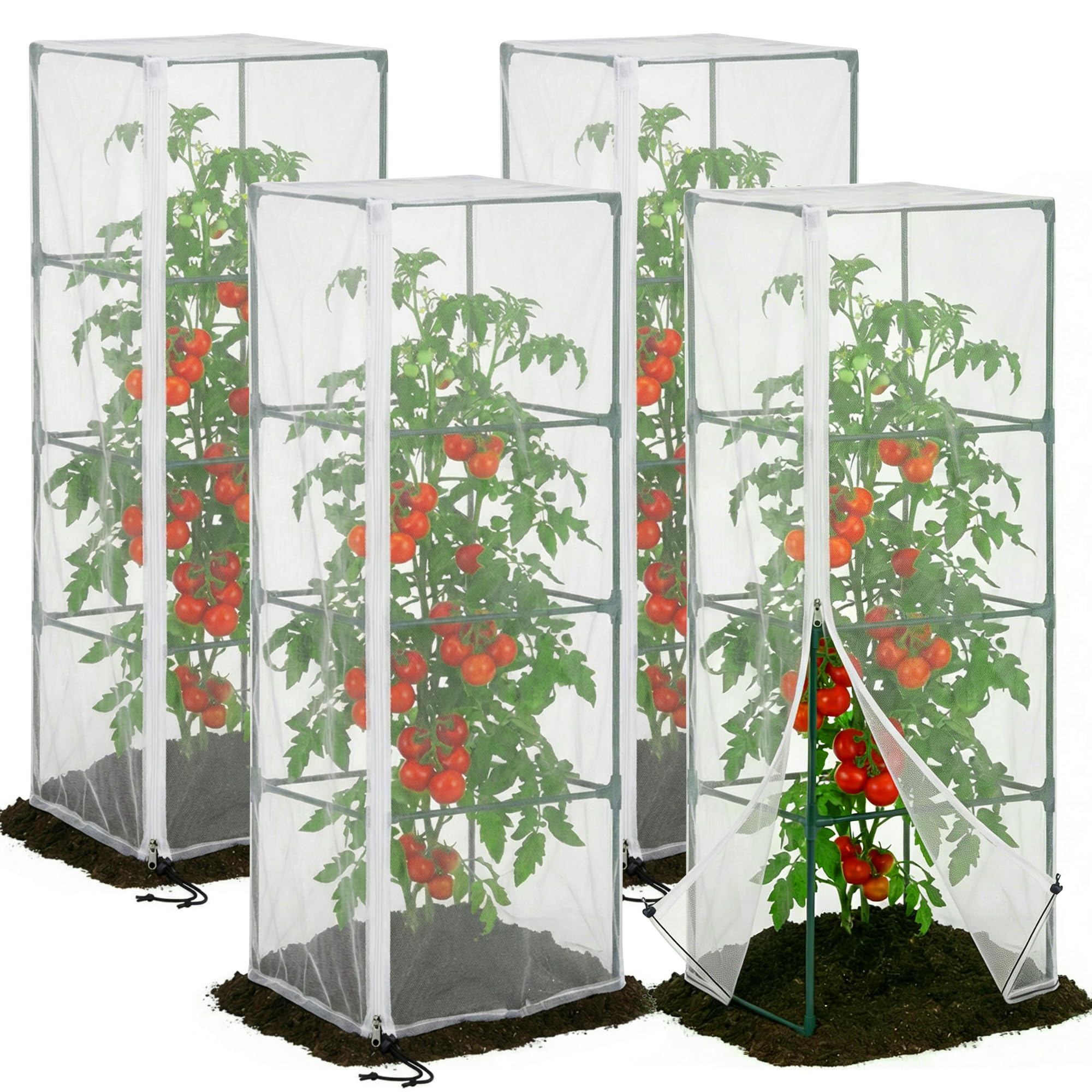 DECOHS garden bird netting covers square tomato cages while allowing airflow.