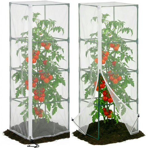 DECOHS garden netting over a square tomato cage with zipper for easy access.