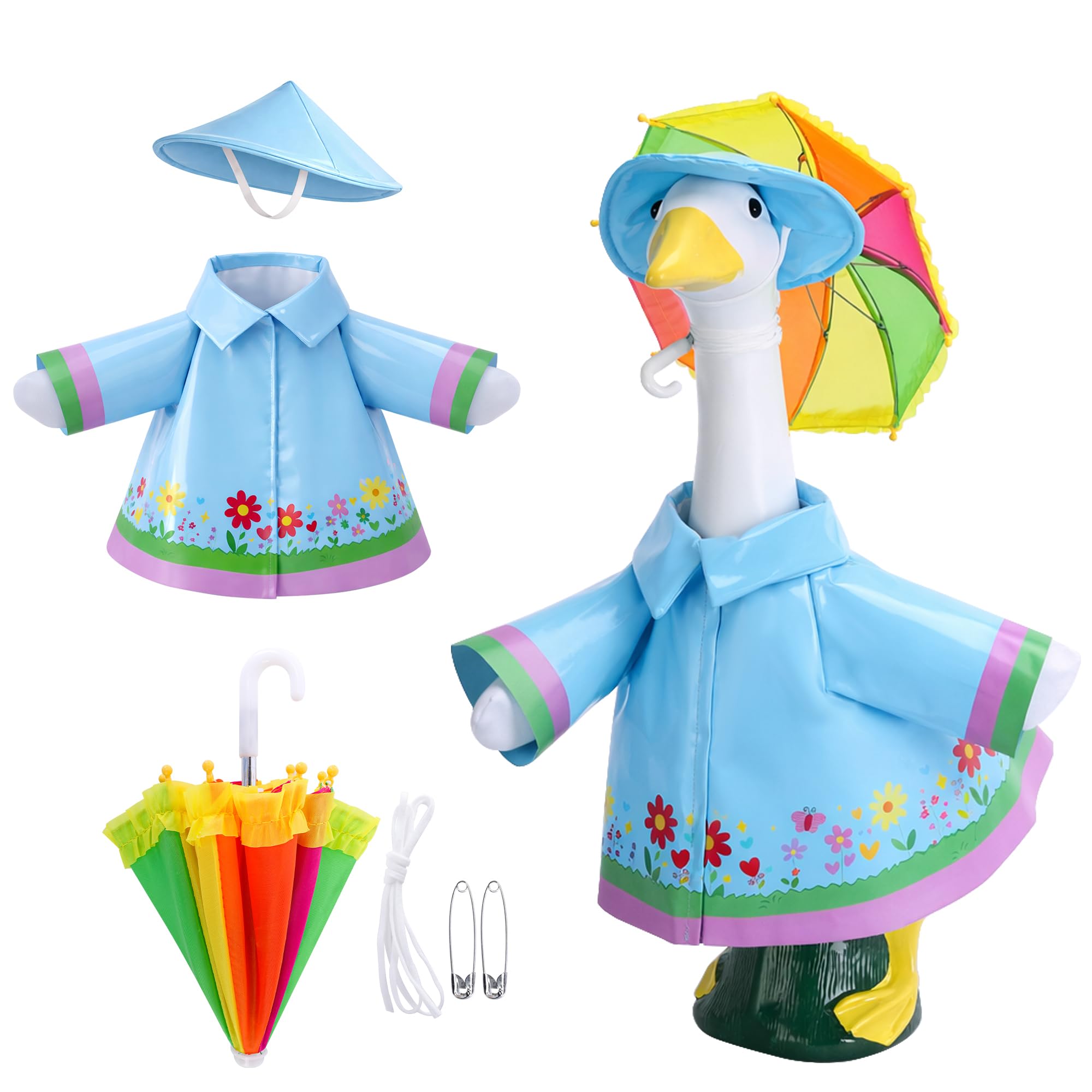 DECOHS goose raincoat blue outfit on a 23-inch statue for playful yard decor.
