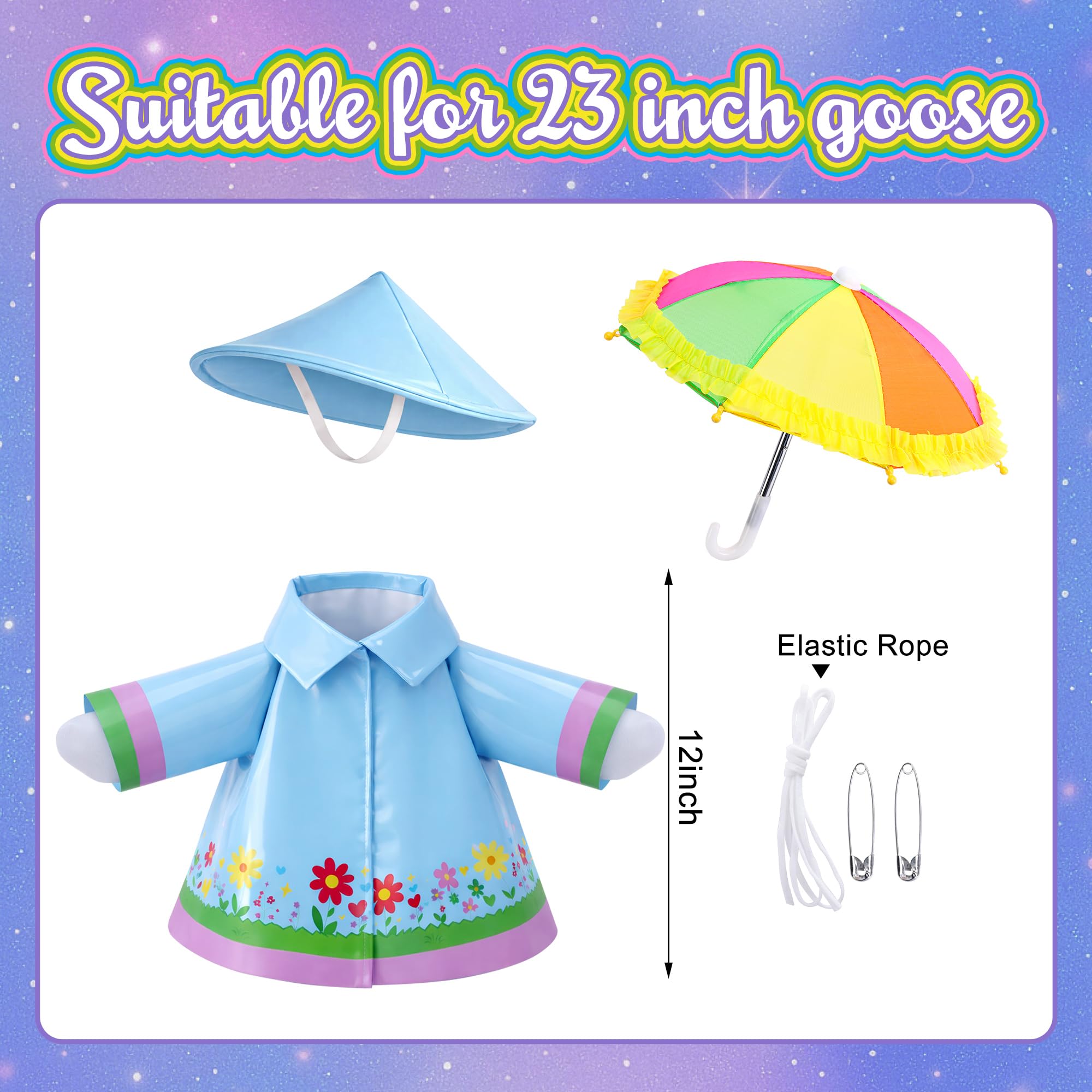 DECOHS goose umbrella rainbow complements the blue raincoat for cheerful outdoor scenery.