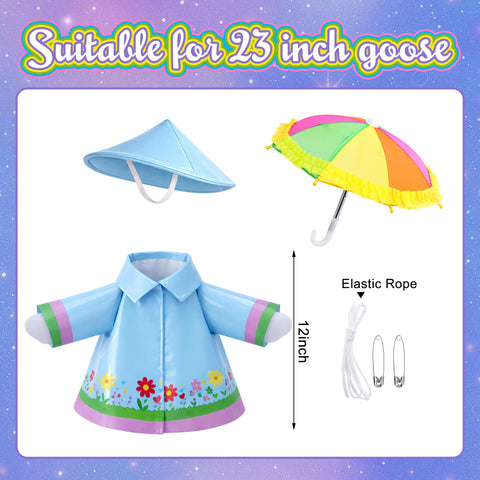 DECOHS goose umbrella rainbow complements the blue raincoat for cheerful outdoor scenery.