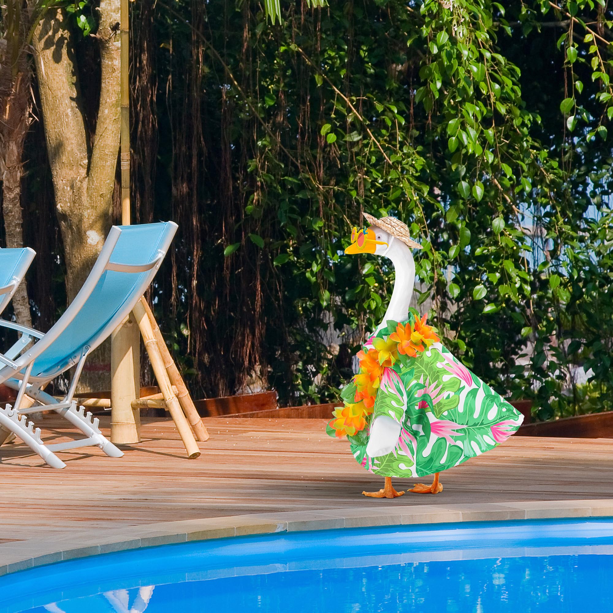 DECOHS colorful goose outfit brightens porch and garden spaces.