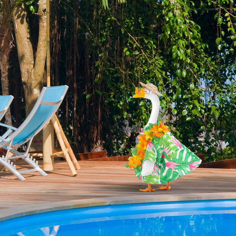 DECOHS colorful goose outfit brightens porch and garden spaces.