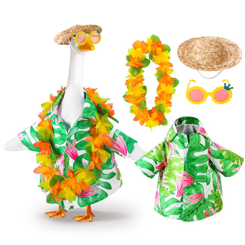 DECOHS Hawaiian goose outfit with straw hat enhances porch decor.