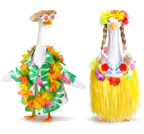 DECOHS Hawaiian goose outfits 2-set on a 23-inch statue for seasonal outdoor decor.