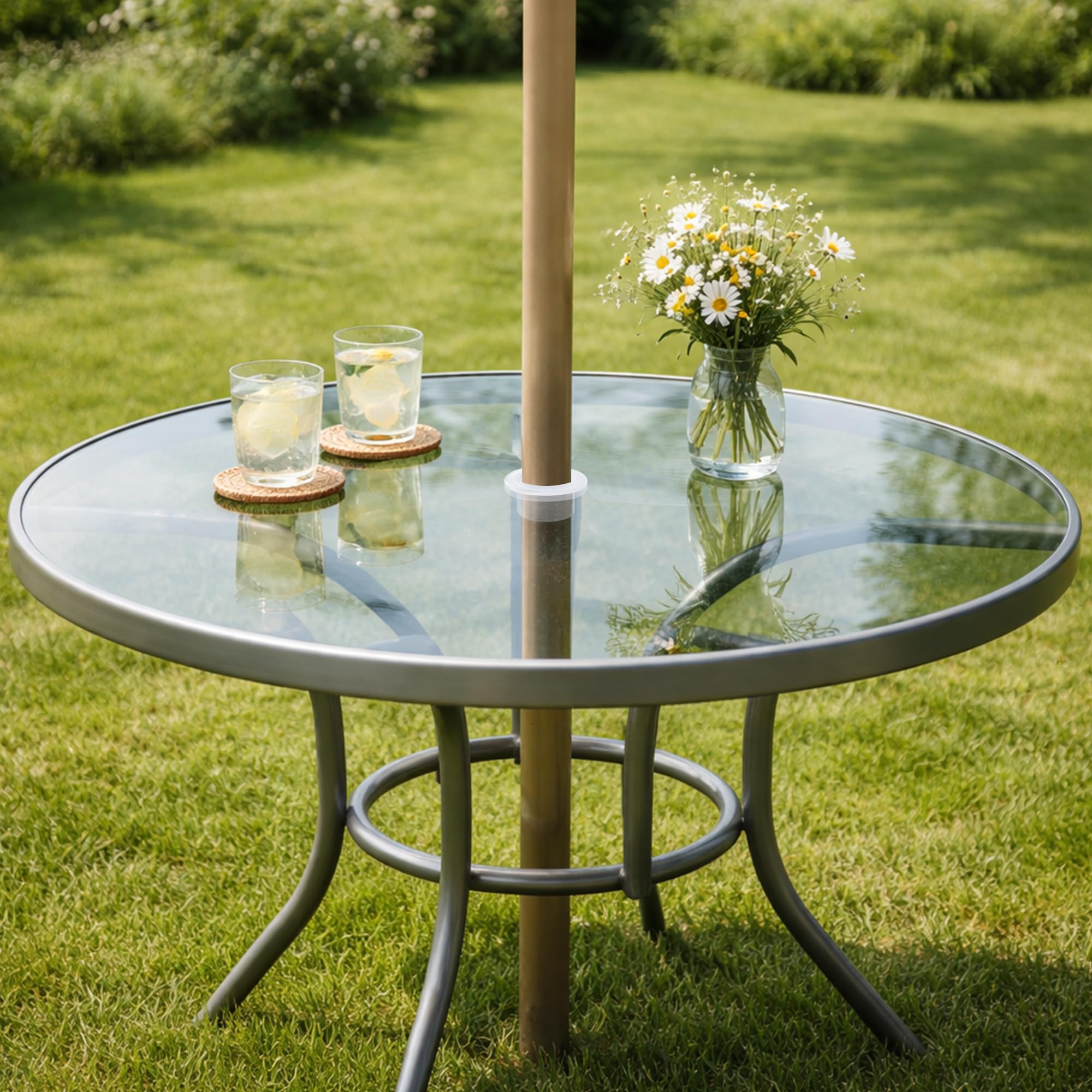 DECOHS outdoor table protection insert securing the umbrella hole area