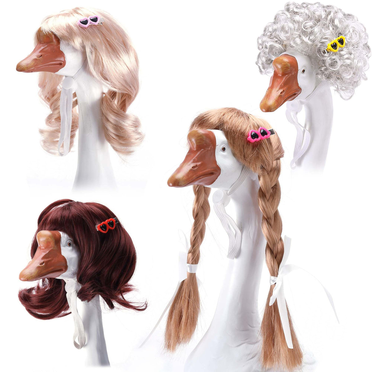 DECOHS porch goose wig with braided style enhances an outdoor goose statue.