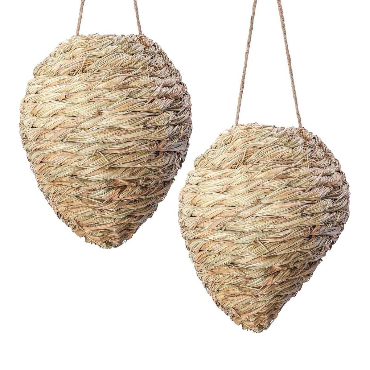 DECOHS two-pack woven reed wasp nest decoys enhance outdoor spaces while deterring nearby wasps.
