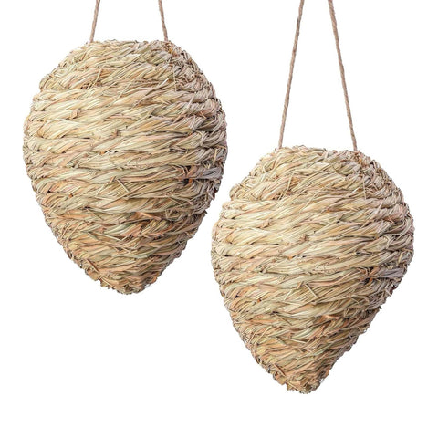 DECOHS two-pack woven reed wasp nest decoys enhance outdoor spaces while deterring nearby wasps.