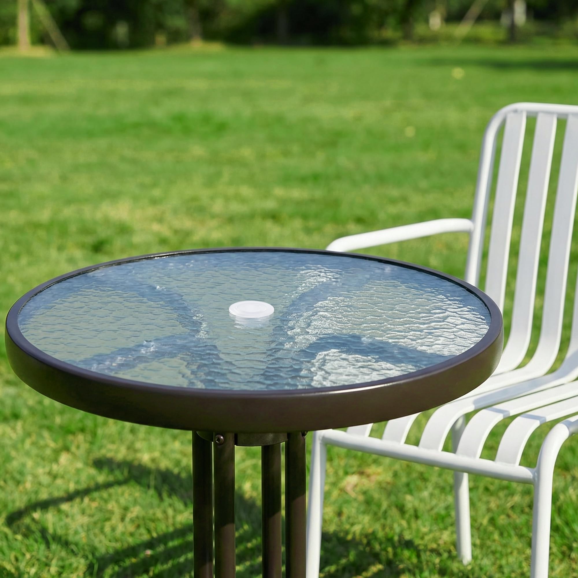 DECOHS umbrella pole stabilizer shown in use on a patio table