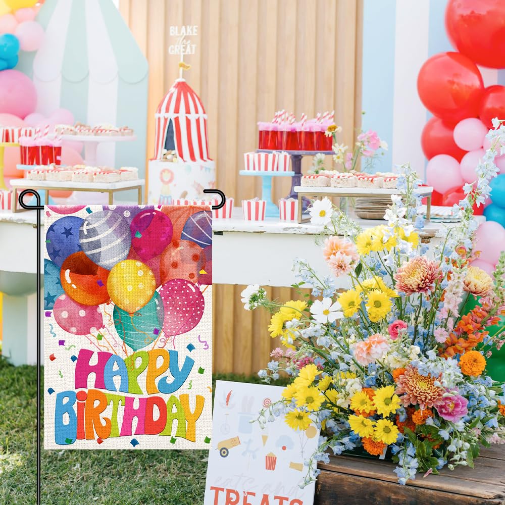 Decorhua birthday banner with colorful balloons design for eye-catching yard decor.