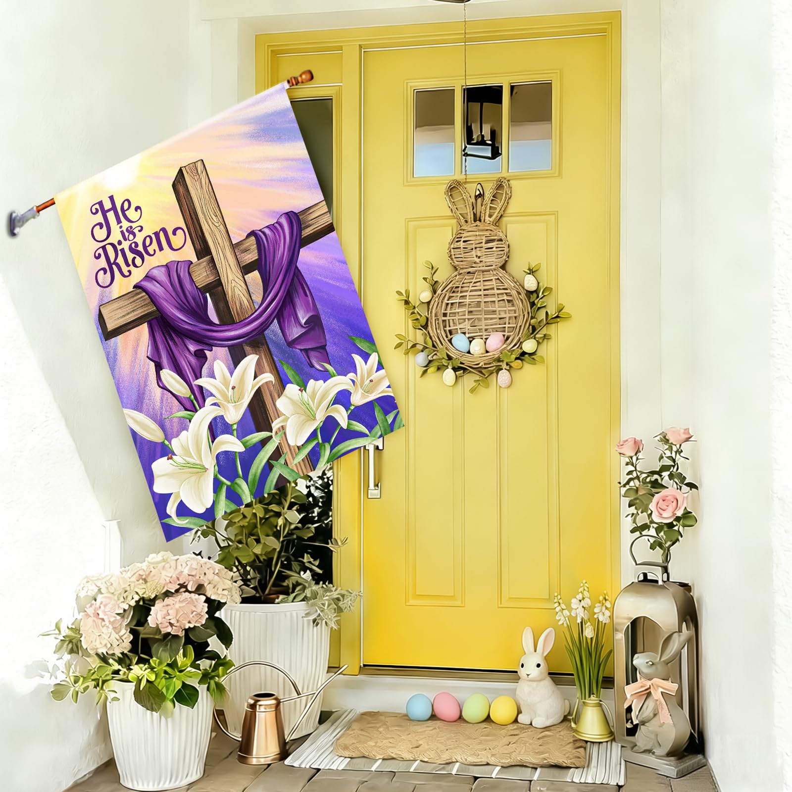 Decorhua cross lilies design flag provides seasonal charm for entryways and gardens.
