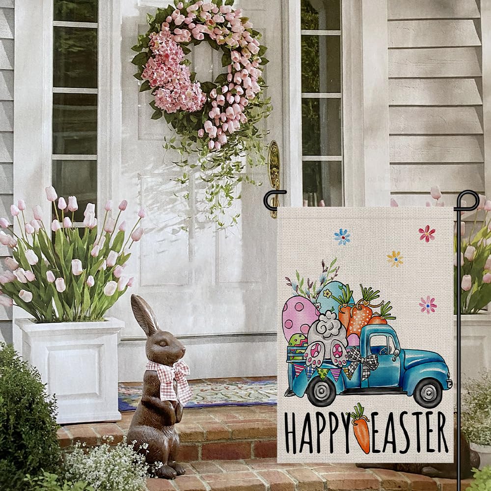 Decorhua burlap-look Easter flag close-up highlighting durable stitching for outdoor use.