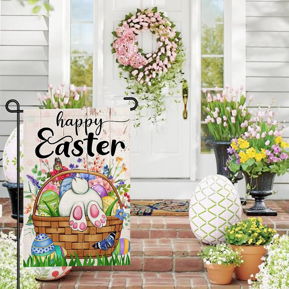 Decorhua Easter butterfly bunny flowers flag for porch and garden decoration.